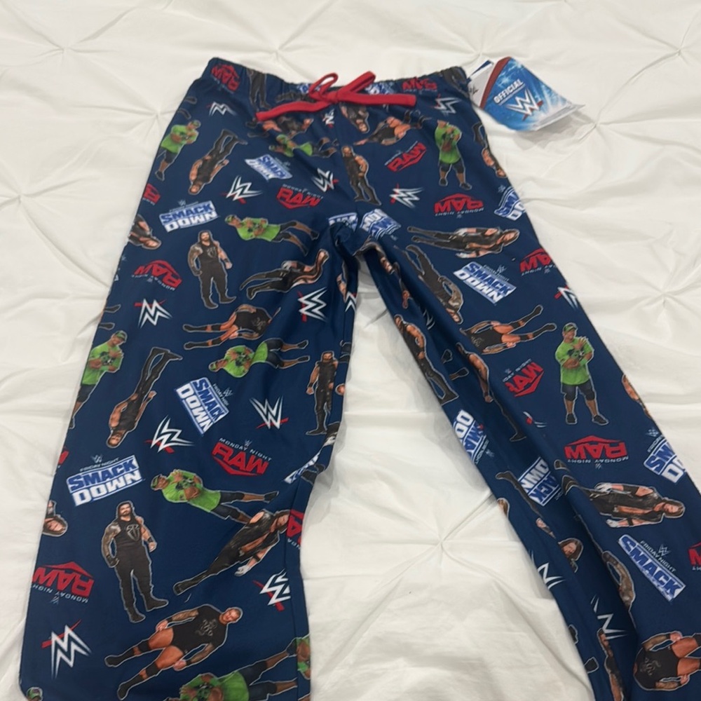 WWE Blue and Red Pajama Bottoms with Festive Print